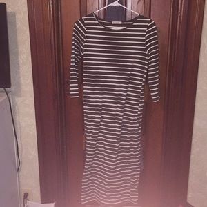 Olive green and white striped maxi dress
